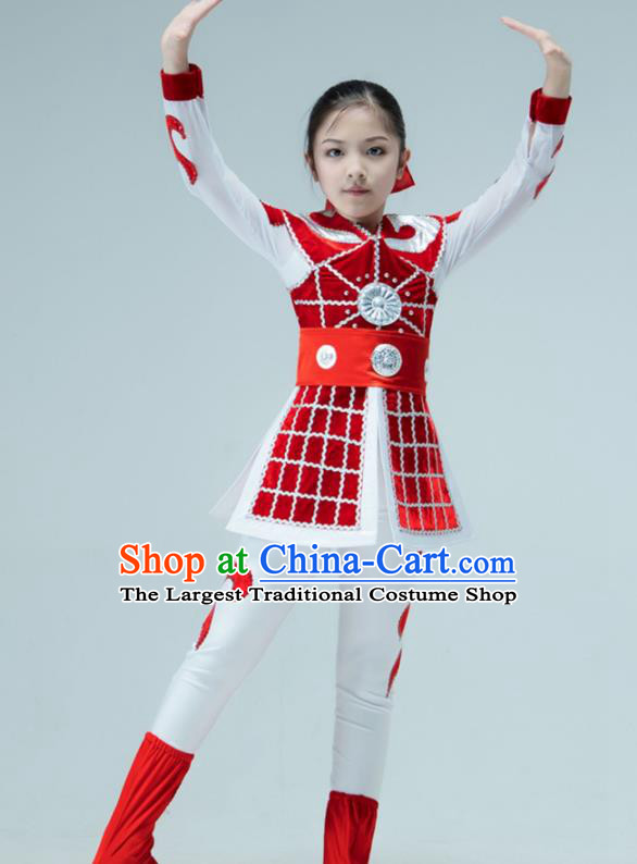 Chinese Stage Performance Costume Hua Mulan Dance Red Outfit Classical Dance Garment Children Warrior Dance Clothing