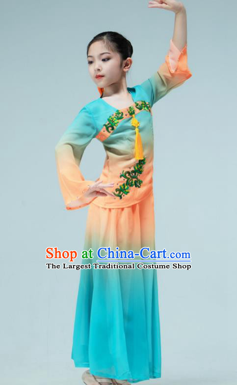 Chinese Classical Dance Dress Fan Dance Blue Outfit Children Dance Clothing Stage Performance Costume
