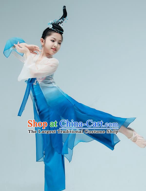 Chinese Stage Performance Costume Classical Dance Blue Outfit Children Fan Dance Garments Lotus Dance Clothing