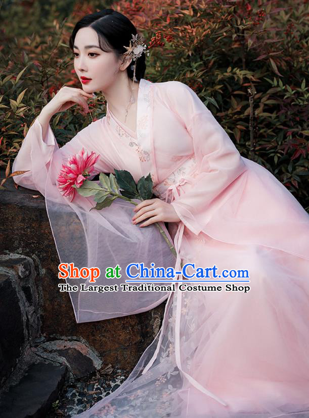 Chinese Traditional Pink Hanfu Dress Jin Dynasty Young Lady Clothing Ancient Princess Garment Costumes