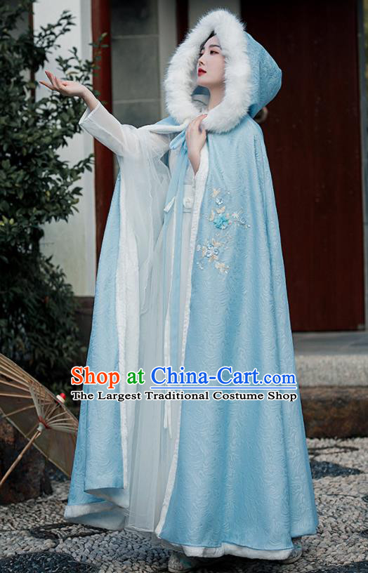 Chinese Ancient Princess Embroidered Mantle Traditional Hanfu Blue Cape Ming Dynasty Young Lady Clothing