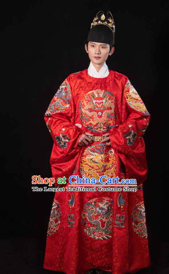 Chinese Embroidered Hanfu Wedding Robe Outfits Ming Dynasty Groom Garment Costumes Ancient Emperor Clothing
