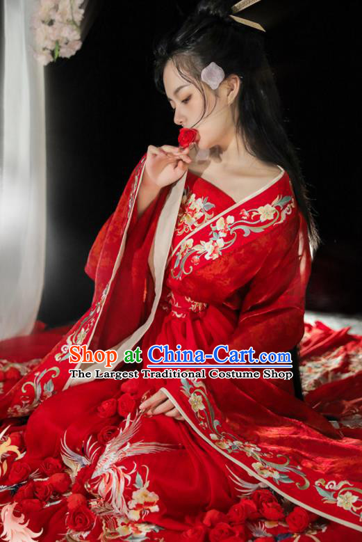 Chinese Jin Dynasty Bride Garment Costumes Ancient Royal Princess Clothing Embroidered Red Hanfu Wedding Dresses