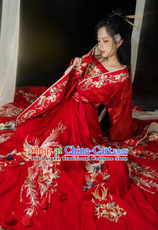 Chinese Jin Dynasty Bride Garment Costumes Ancient Royal Princess Clothing Embroidered Red Hanfu Wedding Dresses