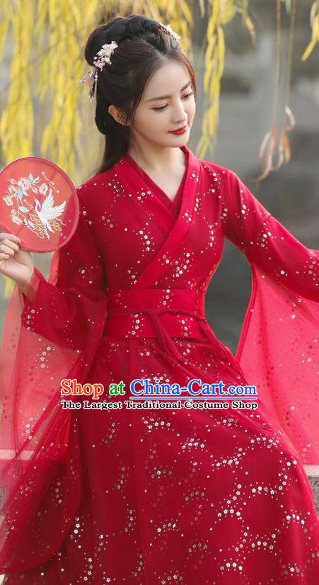 Chinese Ancient Swordswoman Red Dress Clothing Traditional Ming Dynasty Female Costume