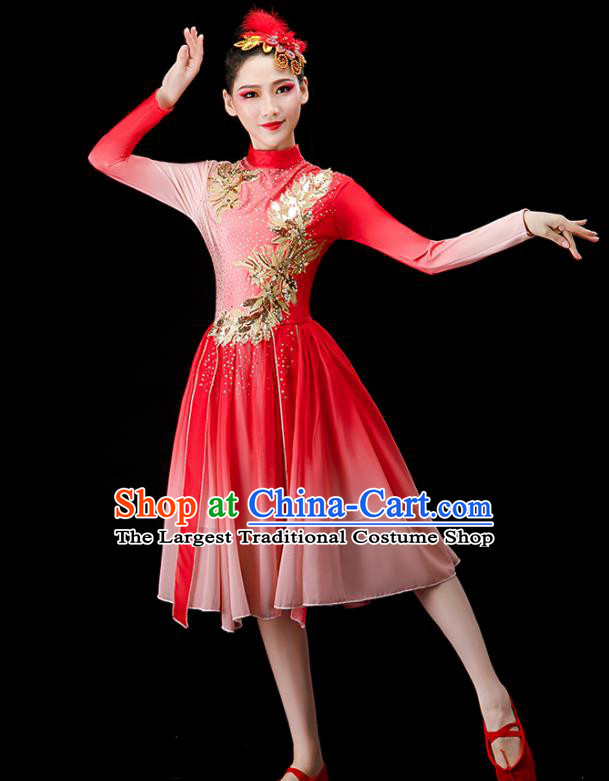 Chinese Modern Dance Clothing Chorus Group Red Dress Women Opening Dance Costume