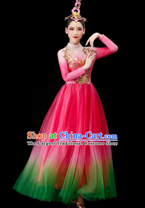 Chinese Women Group Dance Costume Modern Dance Clothing Opening Dance Megenta Dress