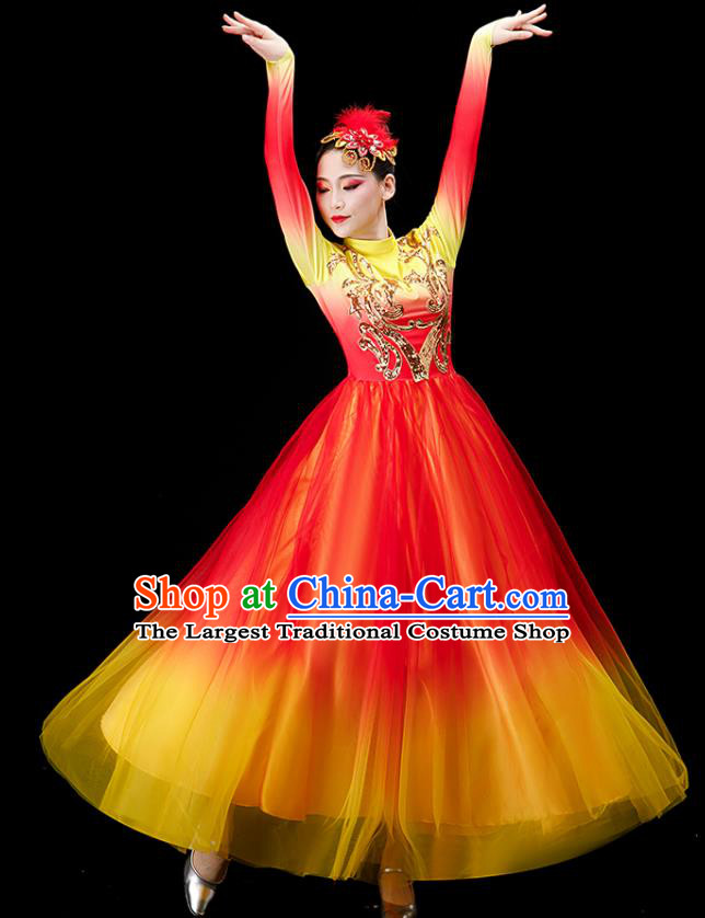 Chinese Modern Dance Clothing Stage Performance Red Dress Women Group Dance Costume