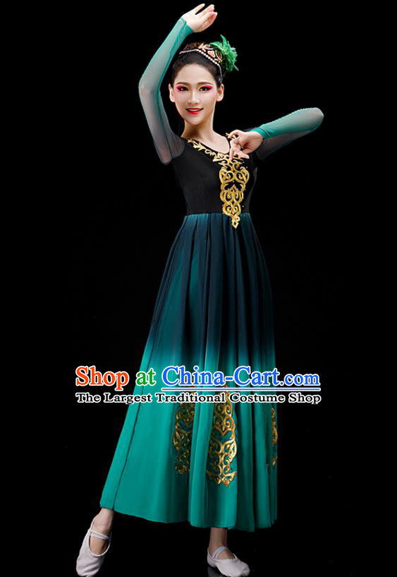 Chinese Stage Performance Green Dress Ethnic Women Dance Costume Xinjiang Uyghur Nationality Dance Clothing