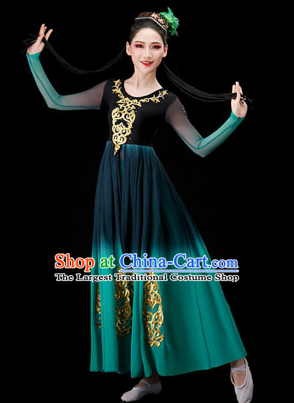 Chinese Stage Performance Green Dress Ethnic Women Dance Costume Xinjiang Uyghur Nationality Dance Clothing