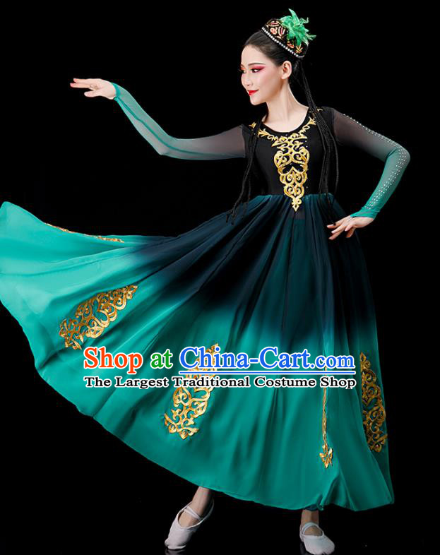 Chinese Stage Performance Green Dress Ethnic Women Dance Costume Xinjiang Uyghur Nationality Dance Clothing