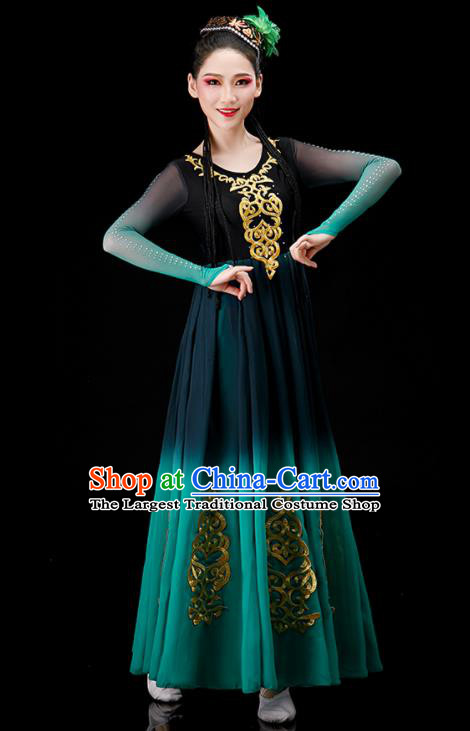 Chinese Stage Performance Green Dress Ethnic Women Dance Costume Xinjiang Uyghur Nationality Dance Clothing