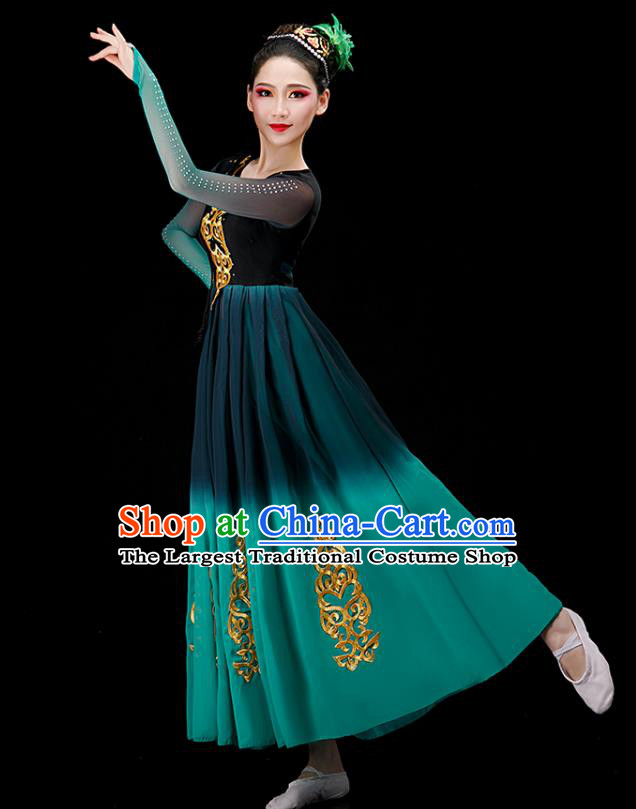 Chinese Stage Performance Green Dress Ethnic Women Dance Costume Xinjiang Uyghur Nationality Dance Clothing