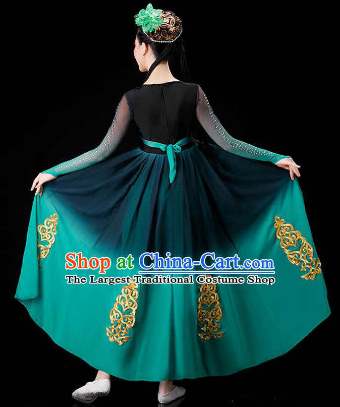 Chinese Stage Performance Green Dress Ethnic Women Dance Costume Xinjiang Uyghur Nationality Dance Clothing