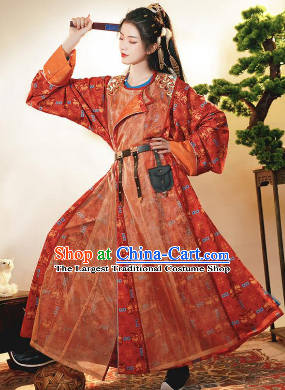 Chinese Traditional Hanfu Clothing Ancient Female Swordsman Red Robe Tang Dynasty Garment Costumes