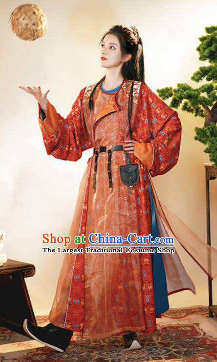 Chinese Traditional Hanfu Clothing Ancient Female Swordsman Red Robe Tang Dynasty Garment Costumes