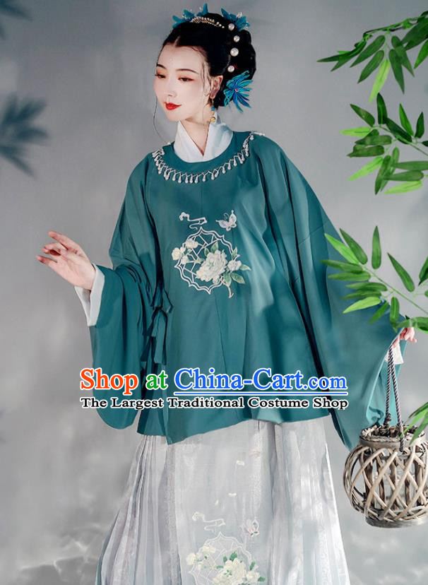Chinese Ming Dynasty Young Lady Garment Costumes Traditional Hanfu Clothing Ancient Green Blouse and Skirt Complete Set