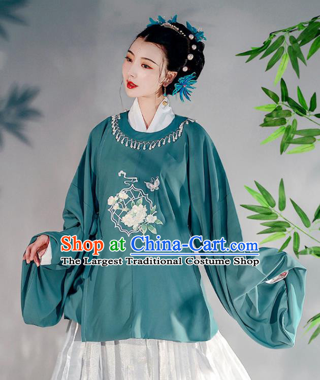 Chinese Ming Dynasty Young Lady Garment Costumes Traditional Hanfu Clothing Ancient Green Blouse and Skirt Complete Set