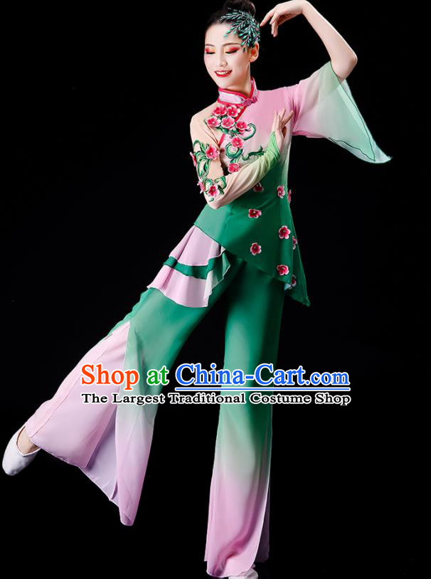 Chinese Folk Dance Costume Stage Performance Clothing Umbrella Dance Green Outfit