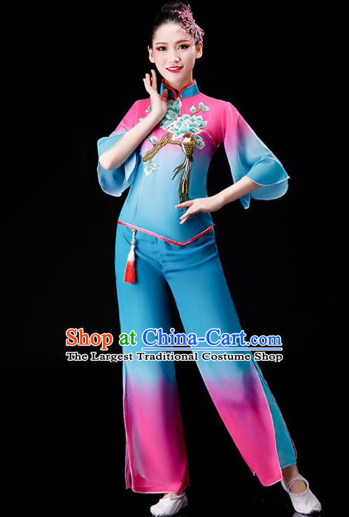 Chinese Yangko Dance Gradient Pink to Blue Outfit Folk Dance Costume Stage Performance Clothing