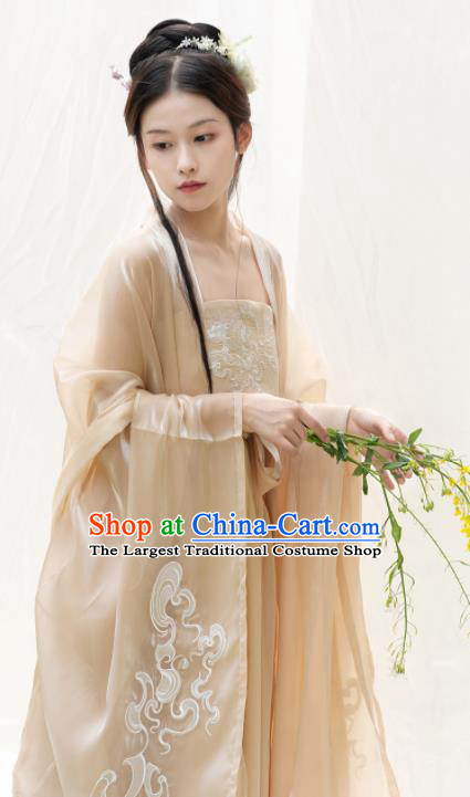 Chinese Ancient Palace Princess Apricot Dress Tang Dynasty Garment Costumes Traditional Embroidered Hanfu Clothing