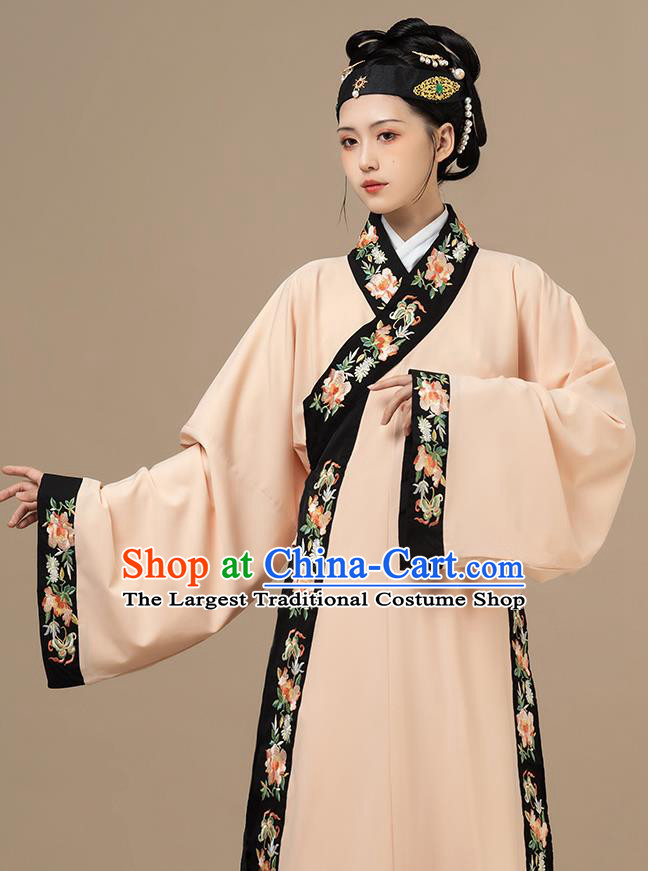 Chinese Traditional Embroidered Hanfu Long Gown Ancient Noble Woman Apricot Dress Ming Dynasty Garment Costume