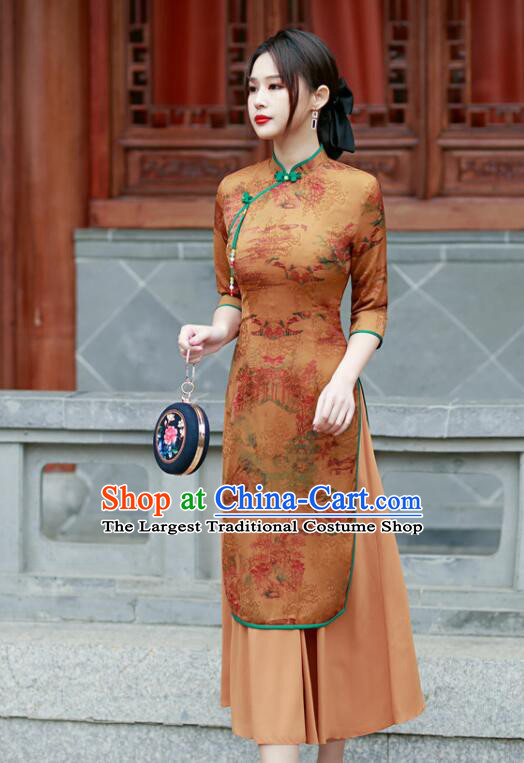 Chinese Aodai Qipao Traditional Gambiered Guangdong Gauze Cheongsam Middle Sleeve Dress