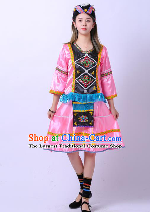 Chinese Yugu Nationality Girl Pink Dress Outfit Ethnic Dance Garment Costume Stage Performance Clothing