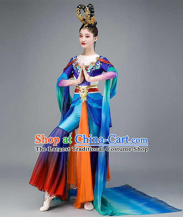 Chinese Dun Huang Flying Apsaras Dance Blue Outfit Classical Dance Clothing Spring Festival Gala Stage Performance Garment Costume