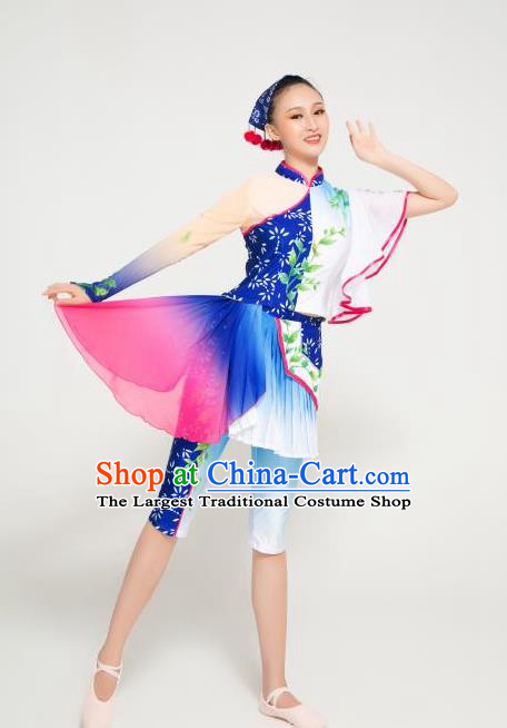 Chinese Stage Performance Blue Outfit Folk Dance Garment Costume Picking Tea Girl Dance Clothing