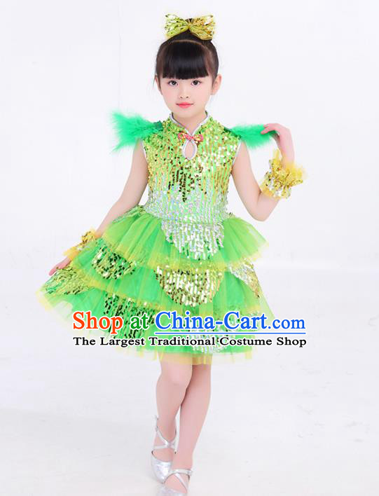 Top Modern Dance Costume Children Day Performance Clothing Girl Dance Green Dress