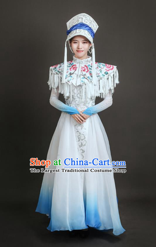 Chinese Ethnic Festival Clothing Folk Dance White Dress Qiang Nationality Dance Costume