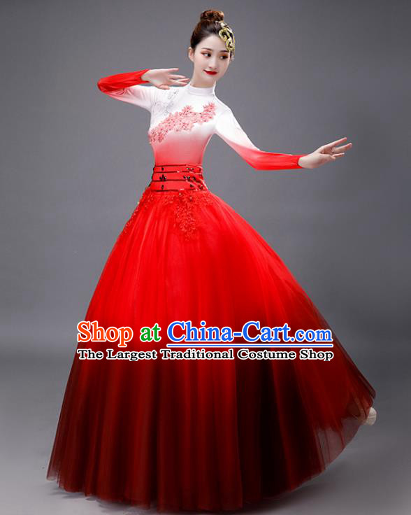 Chinese Women Group Dance Clothing Modern Dance Red Dress Opening Dance Stage Performance Costume