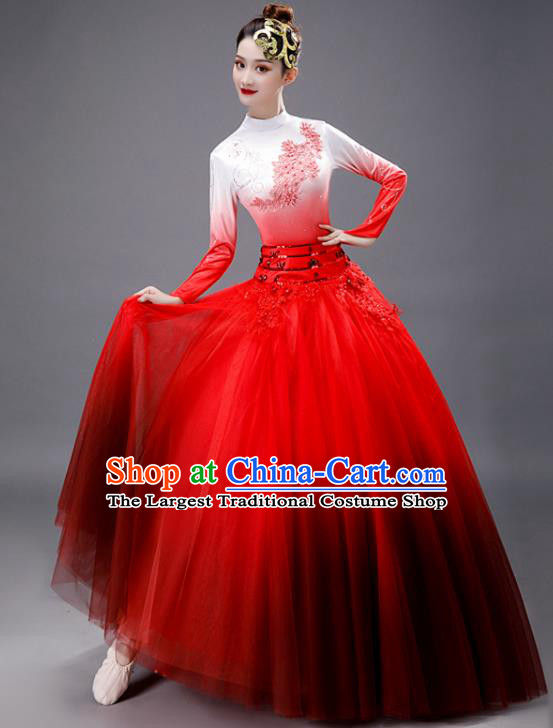 Chinese Women Group Dance Clothing Modern Dance Red Dress Opening Dance Stage Performance Costume