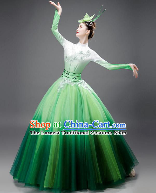 Chinese Modern Dance Green Dress Opening Dance Garment Costume Women Group Performance Clothing