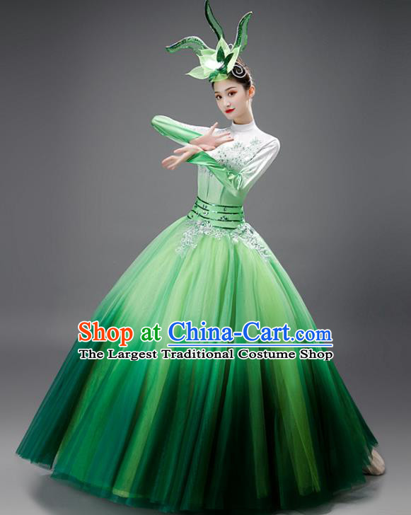 Chinese Modern Dance Green Dress Opening Dance Garment Costume Women Group Performance Clothing