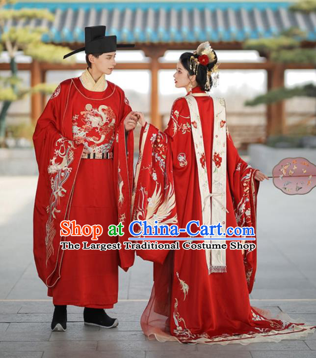 Chinese Traditional Wedding Garment Costumes Song Dynasty Bride and Groom Embroidered Clothing Complete Set