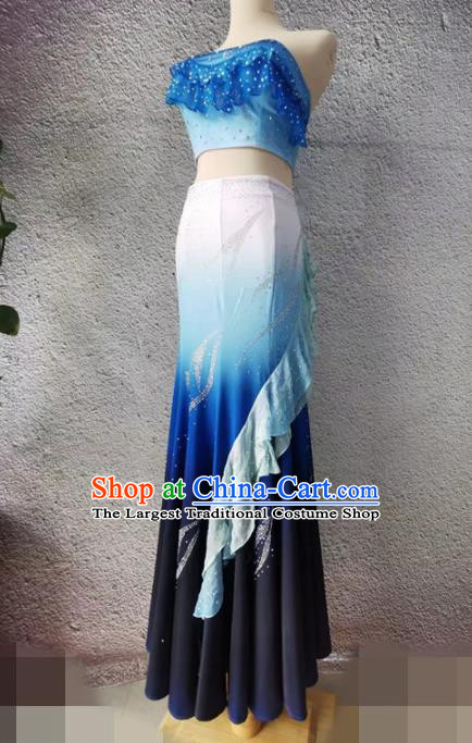 Chinese Dai Nationality Stage Performance Clothing Peacock Dance Blue Dress Outfit Yunnan Pavane Dance Garment Costumes