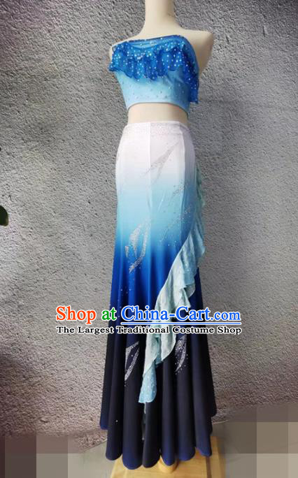 Chinese Dai Nationality Stage Performance Clothing Peacock Dance Blue Dress Outfit Yunnan Pavane Dance Garment Costumes