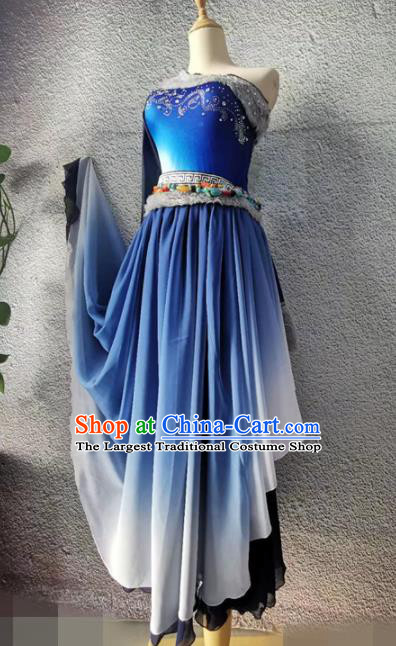 Chinese Folk Dance Blue Dress Outfit Tibetan Dance Garment Costumes Zang Nationality Stage Performance Clothing