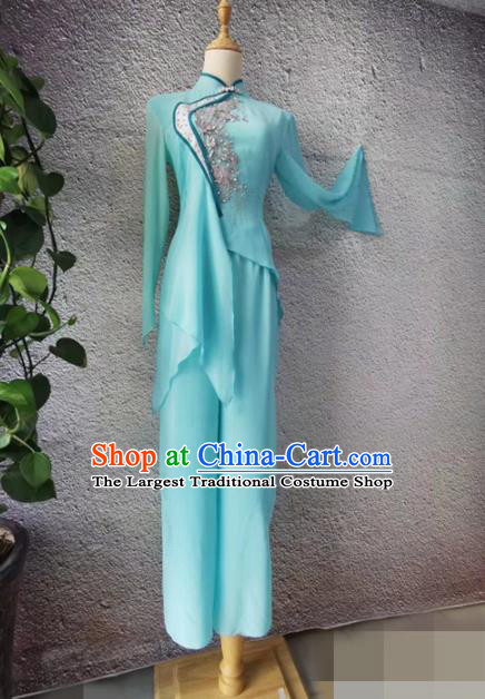 Chinese Women Stage Performance Clothing Classical Dance Light Blue Outfit Fan Dance Garment Costumes