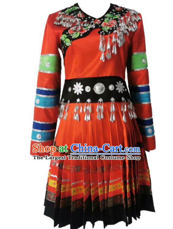 Chinese Ethnic Woman Festival Clothing Stage Performance Red Dress Outfit Miao Nationality Dance Garment Costumes