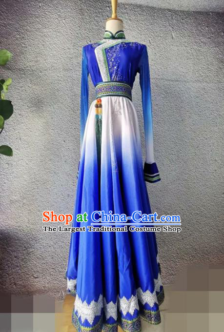 Chinese Mongol Nationality Dance Garment Costume Stage Performance Clothing Mongolian Dance Blue Dress