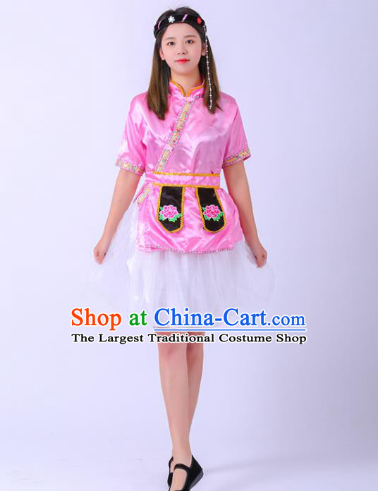 Chinese Ethnic Girl Folk Dance Costume Stage Performance Clothing Salar Nationality Dance Pink Dress Outfit