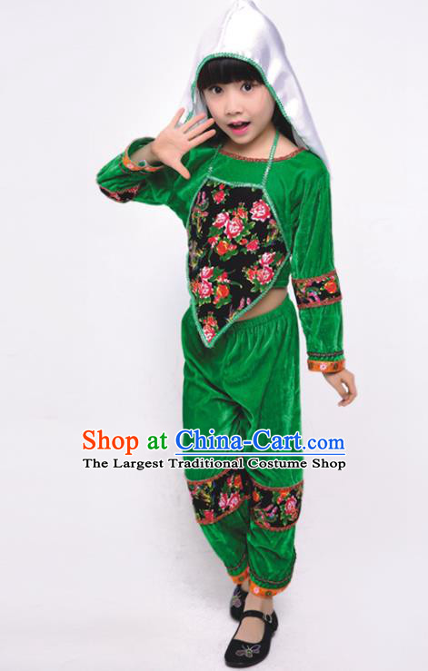 Chinese Ethnic Girl Folk Dance Costume Yunnan Stage Performance Clothing Jino Nationality Dance Green Dress Outfit