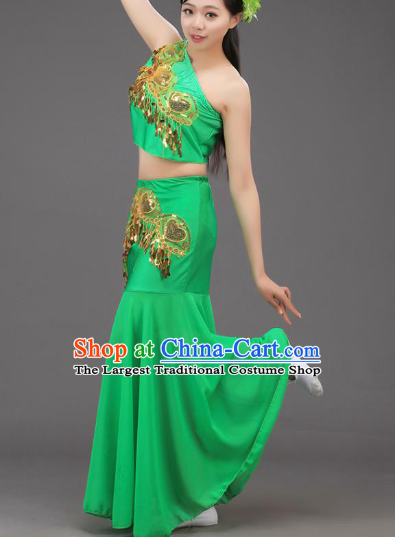 Chinese Dai Nationality Peacock Dance Green Outfit Yunnan Ethnic Folk Dance Dress Pavane Stage Performance Clothing