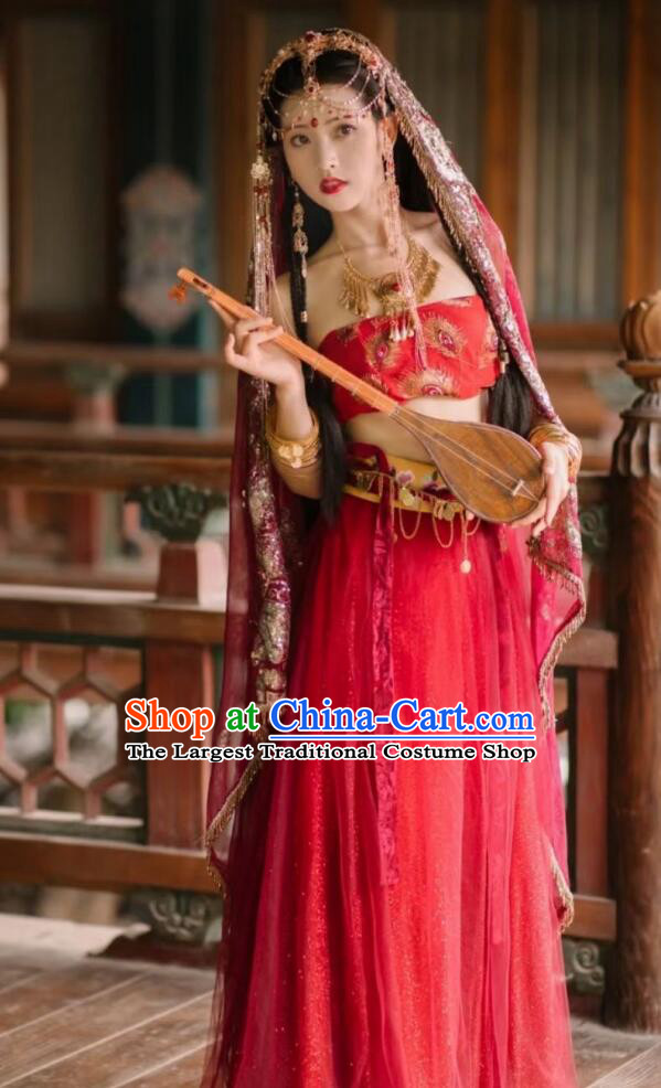 Chinese Tang Dynasty Dance Lady Garment Costumes Ancient Princess Red Dress Clothing and Headdress Complete Set