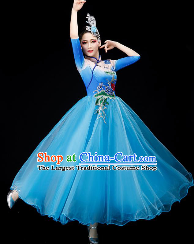 Chinese Chorus Costume Modern Dance Clothing Stage Performance Blue Dress