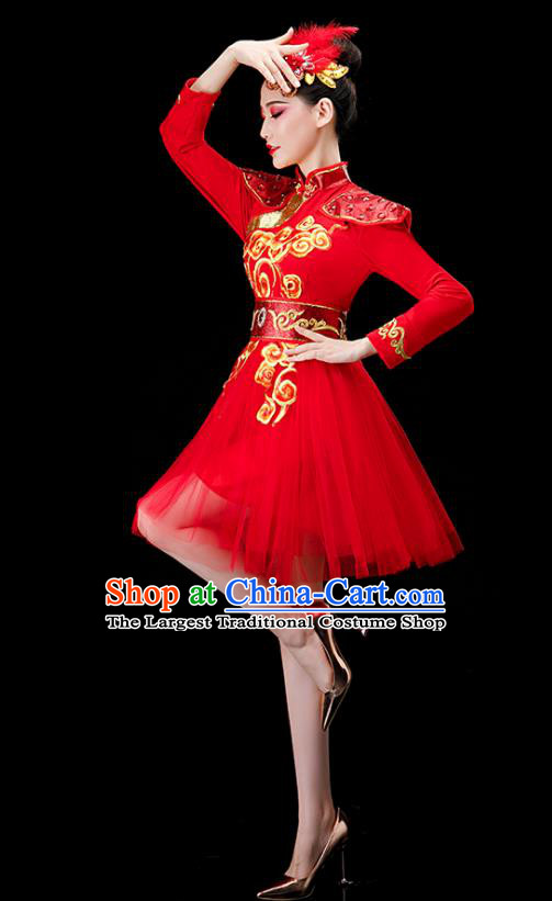Chinese Stage Performance Red Short Dress Modern Dance Costume Drum Dance Women Group Dance Clothing