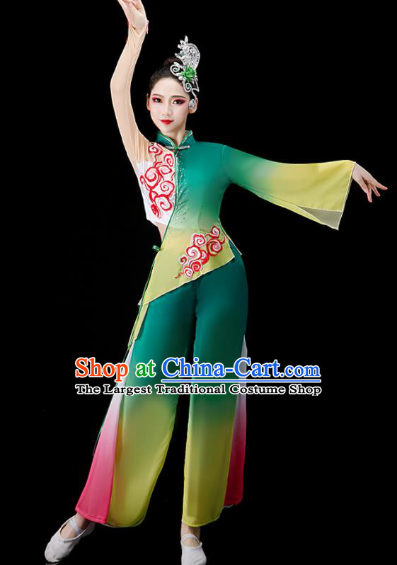 Chinese Jasmine Flower Dance Suit Women Group Dance Clothing Yangko Dance Green Outfit Folk Dance Costume